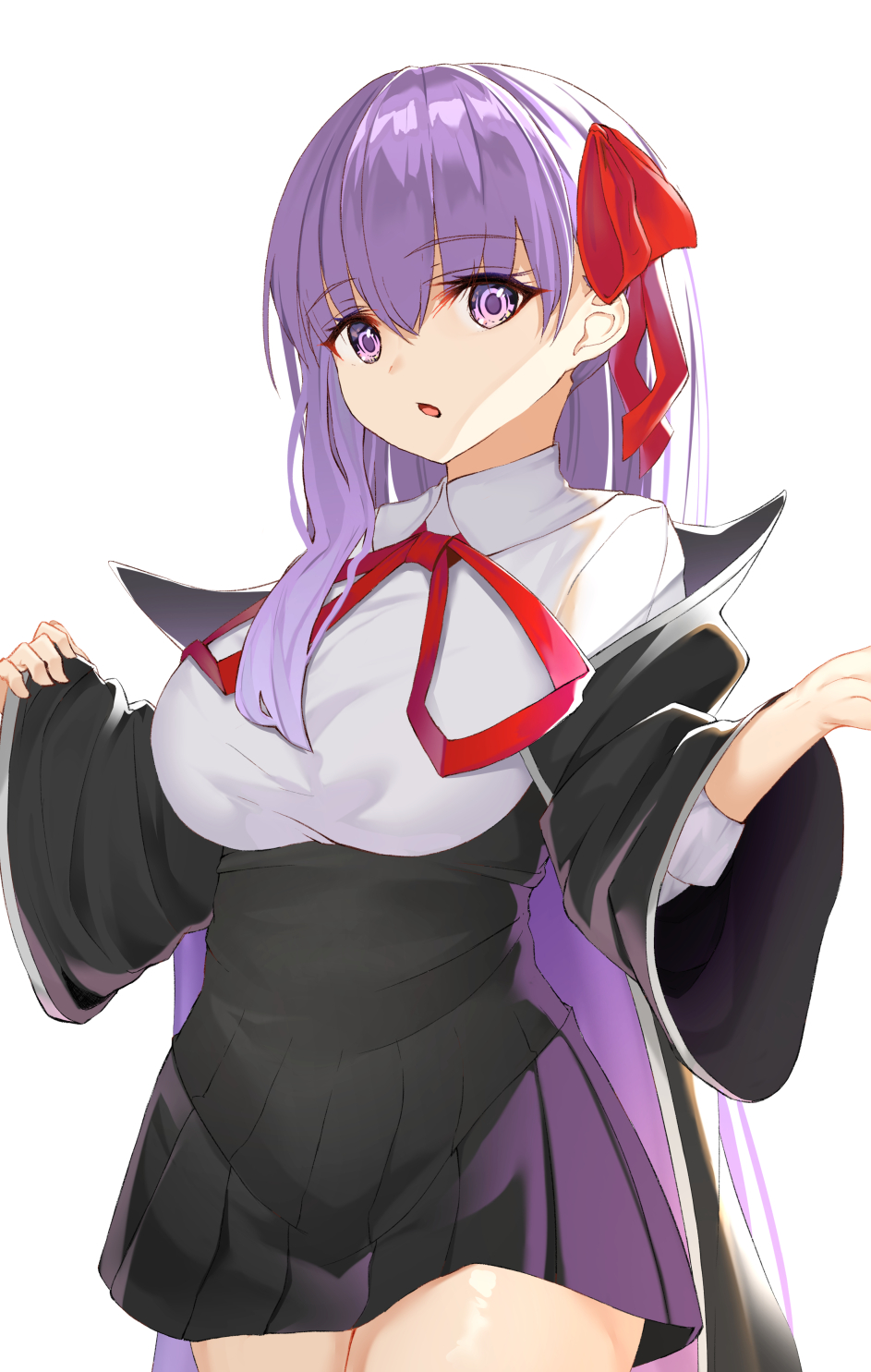 1girl bangs bb_(fate)_(all) bb_(fate/extra_ccc) black_jacket black_skirt breasts collared_shirt commentary cowboy_shot eyebrows_visible_through_hair fate/grand_order fate_(series) hair_between_eyes hair_ribbon high-waist_skirt highres hikashou jacket large_breasts long_hair long_sleeves looking_at_viewer neck_ribbon open_clothes open_jacket parted_lips pinching_sleeves pleated_skirt purple_hair red_ribbon ribbon shirt simple_background skirt sleeves_past_wrists solo very_long_hair violet_eyes white_background white_shirt wide_sleeves