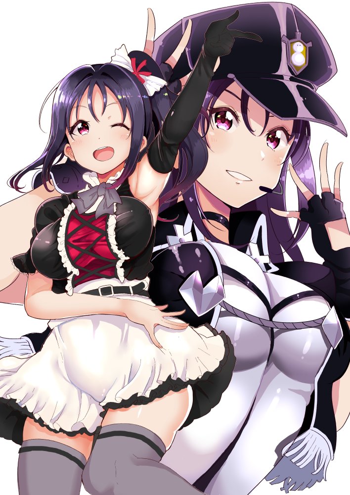 1girl arm_up armpits bangs believe_again black_gloves black_headwear blush breasts dress eyebrows_visible_through_hair fingerless_gloves gloves grey_legwear grin hair_ornament hat idol kazuno_sarah kuzu_kow looking_at_viewer love_live! love_live!_sunshine!! microphone one_eye_closed open_mouth peaked_cap purple_hair ribbon shiny shiny_clothes short_sleeves side_ponytail smile solo teeth thigh-highs violet_eyes white_background