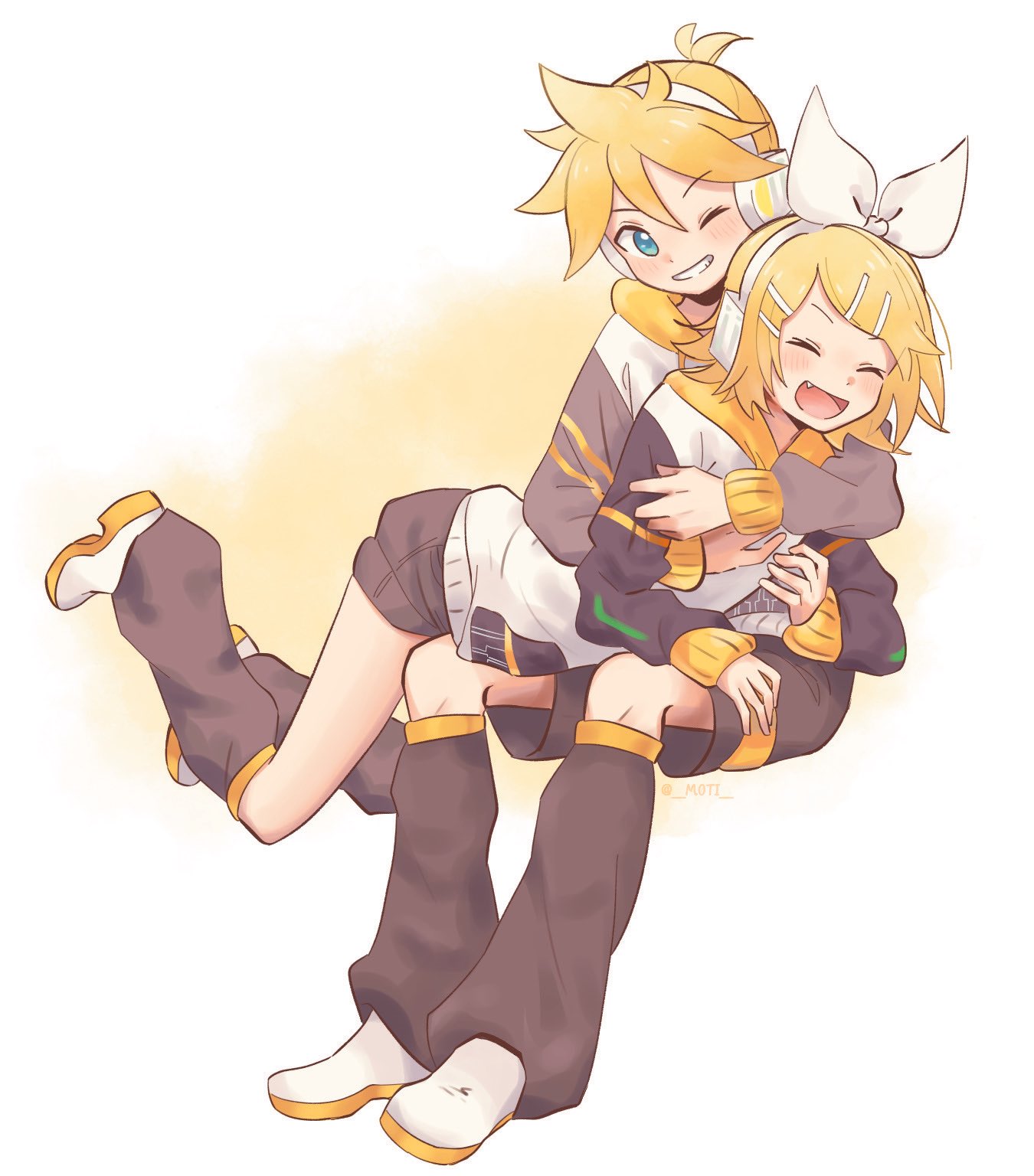 1boy 1girl bangs black_shorts blonde_hair blue_eyes bow closed_eyes commentary fang full_body grin hair_bow hair_ornament hairclip happy highres holding_another hood hoodie hug kagamine_len kagamine_rin leg_warmers looking_at_another lying_on_person m0ti one_eye_closed shoes short_hair short_ponytail short_shorts shorts smile spiky_hair swept_bangs vocaloid white_bow white_footwear