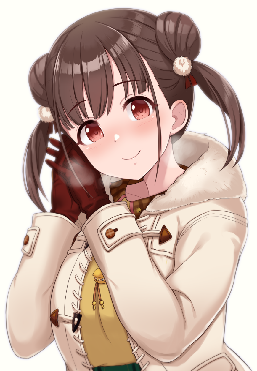 1girl bangs blush breath brown_coat brown_hair closed_mouth coat commentary_request double_bun eyebrows_visible_through_hair gloves hair_ornament hands_up head_tilt highres hood hood_down hooded_coat idolmaster idolmaster_shiny_colors interlocked_fingers long_sleeves looking_at_viewer mitsukazu_(nijigen_complex) open_clothes open_coat own_hands_together pocket pom_pom_(clothes) red_eyes red_gloves shiny shiny_hair shirt short_hair short_twintails simple_background smile solo sonoda_chiyoko twintails upper_body white_background yellow_shirt