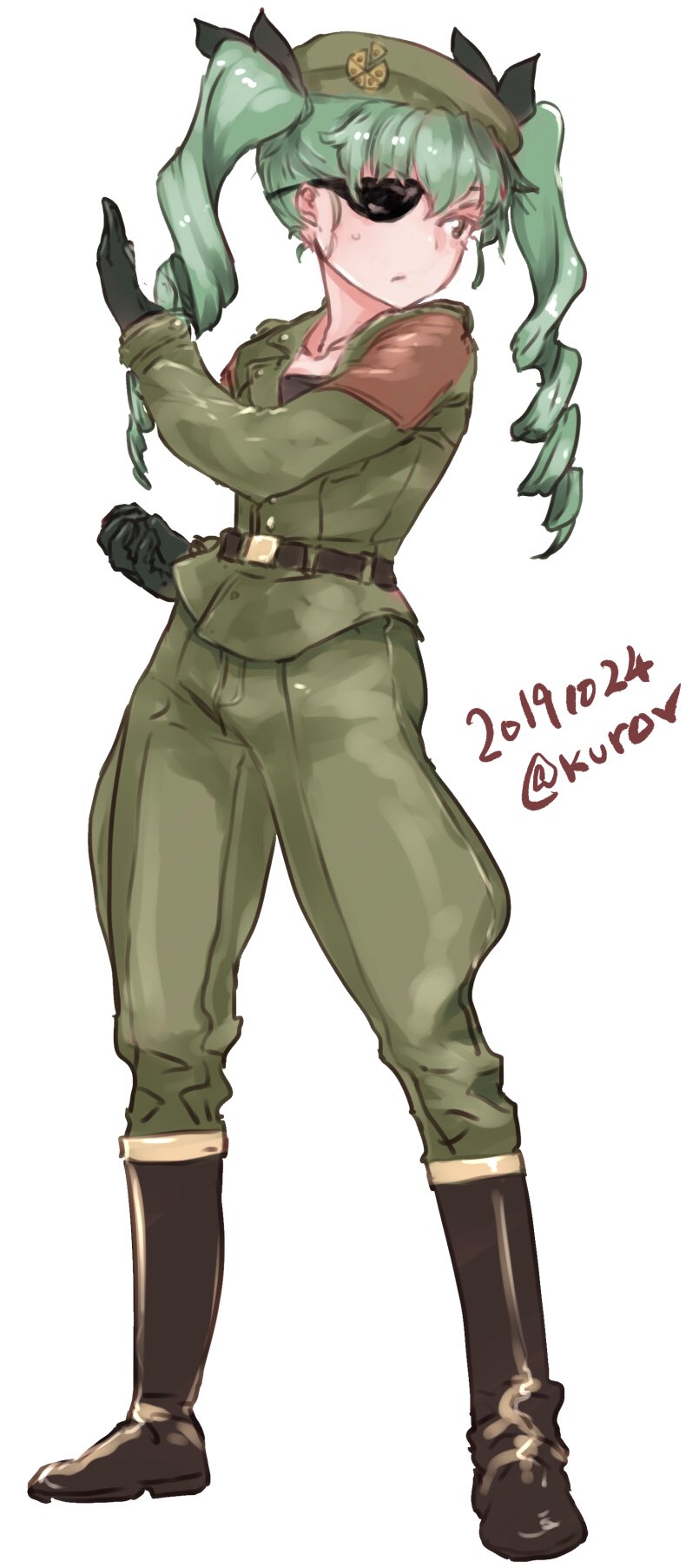 1girl abaratani_kurou anchovy anzio_(emblem) bangs belt beret black_belt black_footwear black_gloves black_ribbon boots closed_mouth commentary cosplay dated drill_hair emblem fighting_stance frown full_body girls_und_panzer gloves green_hair green_headwear green_jacket green_pants hair_ribbon hat heidern heidern_(cosplay) highres jacket knee_boots long_hair long_sleeves military military_hat military_uniform pants red_eyes ribbon simple_background solo standing sweatdrop the_king_of_fighters twin_drills twintails twitter_username uniform white_background