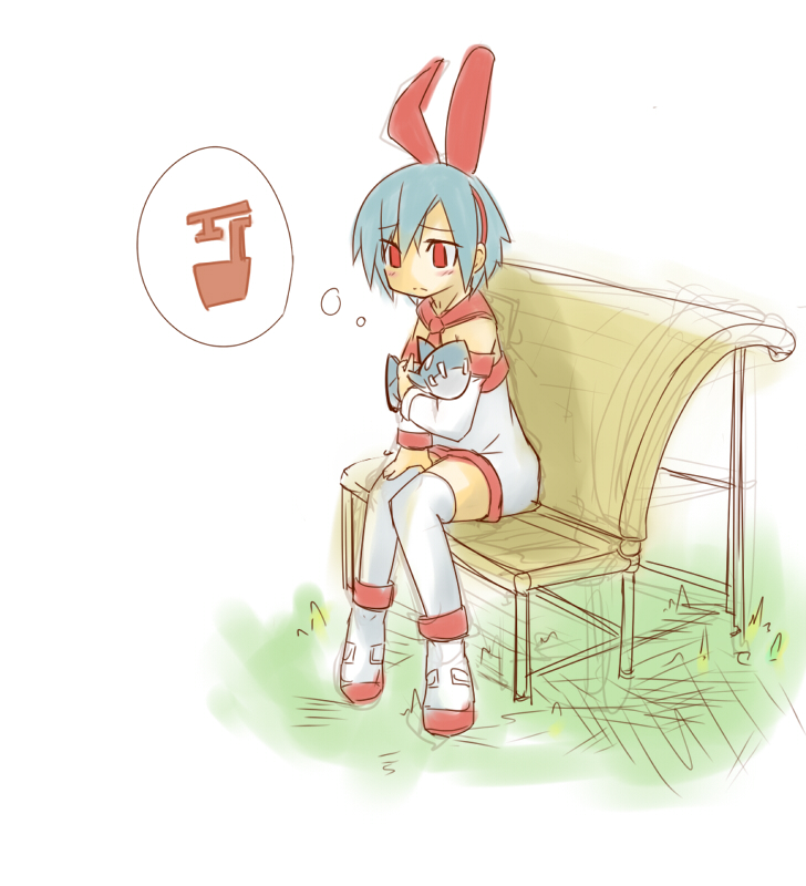 1girl bangs bare_shoulders bench blue_hair blush closed_mouth commentary_request detached_collar detached_sleeves disgaea dress eyebrows_visible_through_hair flat_chest full_body grass hairband hand_up have_to_pee holding knees_together_feet_apart outdoors pleinair red_eyes red_footwear red_hairband rodon shoes short_hair sitting sketch solo strapless strapless_dress stuffed_animal stuffed_shark stuffed_toy thigh-highs thought_bubble white_dress white_legwear zettai_ryouiki