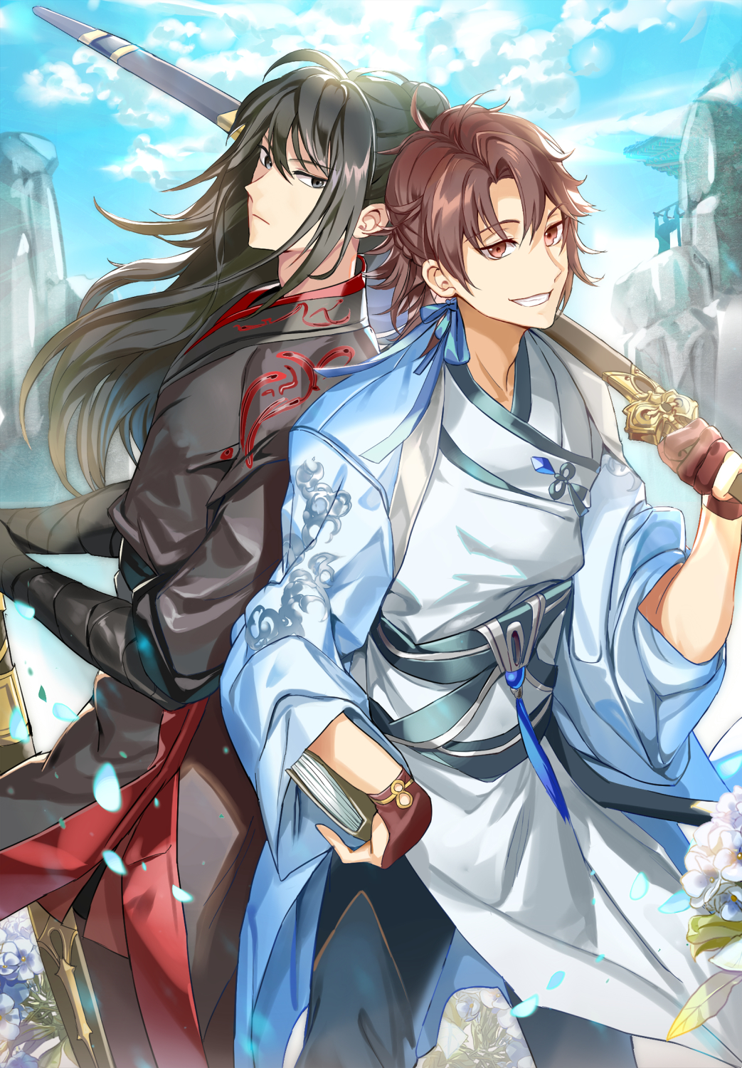 2boys back-to-back bangs black_hair blue_sky book brown_eyes cloud_print clouds day ddaomphyo flower gloves highres long_hair long_sleeves looking_at_viewer male_focus multiple_boys official_art original outdoors over_shoulder partly_fingerless_gloves sky smile sword weapon
