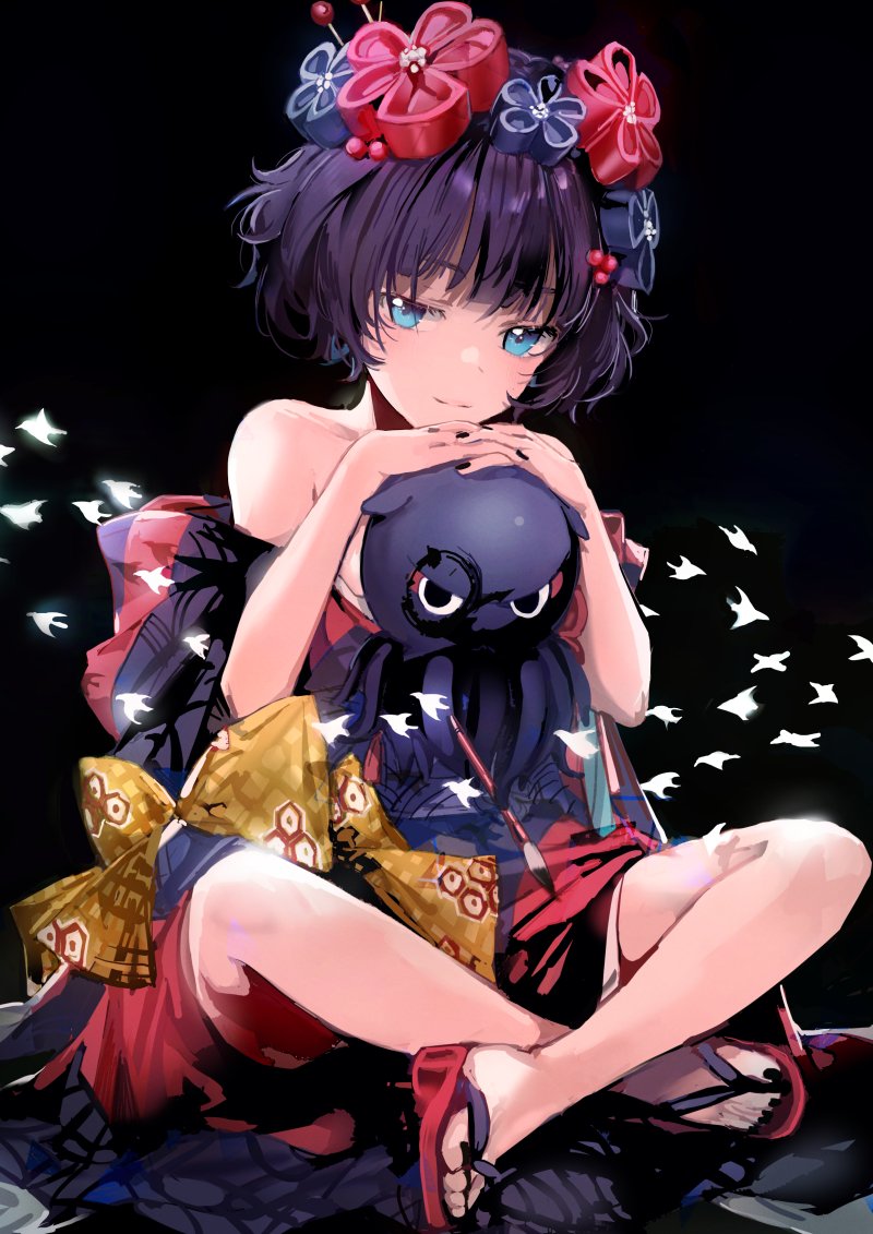1girl bangs bare_shoulders black_background blue_eyes blush breasts calligraphy_brush closed_mouth dangmill fate/grand_order fate_(series) flower hair_flower hair_ornament hairpin indian_style japanese_clothes katsushika_hokusai_(fate/grand_order) kimono long_sleeves looking_at_viewer octopus off_shoulder paintbrush purple_hair purple_kimono sandals sash short_hair simple_background sitting smile tokitarou_(fate/grand_order)