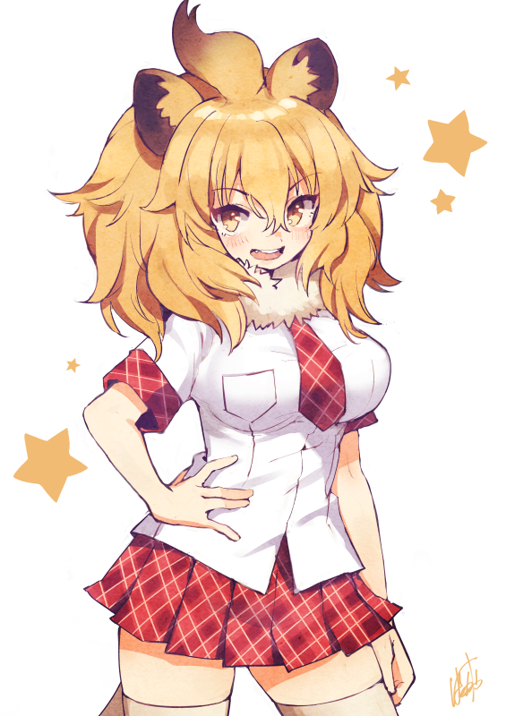 1girl animal_ears blonde_hair blush commentary_request cowboy_shot eyebrows_visible_through_hair fang fur_collar hand_on_hip hatagaya kemono_friends lion_(kemono_friends) lion_ears lion_girl lion_tail necktie open_mouth plaid plaid_neckwear plaid_skirt plaid_trim pleated_skirt shirt short_hair short_sleeves skirt solo t-shirt tail thigh-highs white_legwear white_shirt zettai_ryouiki