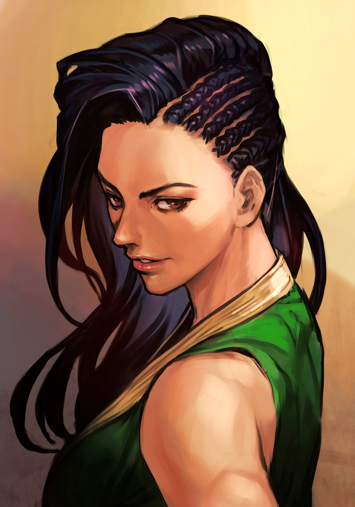 1girl asymmetrical_hair bare_shoulders black_hair brazilian brown_eyes cornrows dark_skin dougi forehead front-tie_top hankuri laura_matsuda lips lipstick long_hair looking_at_viewer makeup nose simple_background solo street_fighter street_fighter_v upper_body