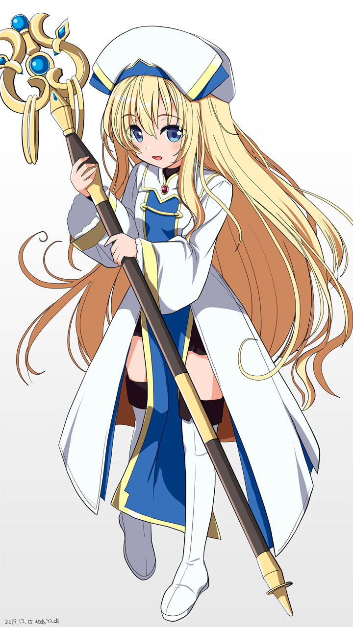 1girl blonde_hair blue_eyes boots commentary_request eyebrows_visible_through_hair goblin_slayer! hair_between_eyes hat highres holding holding_staff long_hair long_sleeves looking_at_viewer multicolored multicolored_clothes multicolored_hat open_mouth priestess_(goblin_slayer!) simple_background solo staff thigh-highs thigh_boots white_background white_footwear white_robe yamaguchi_yuu