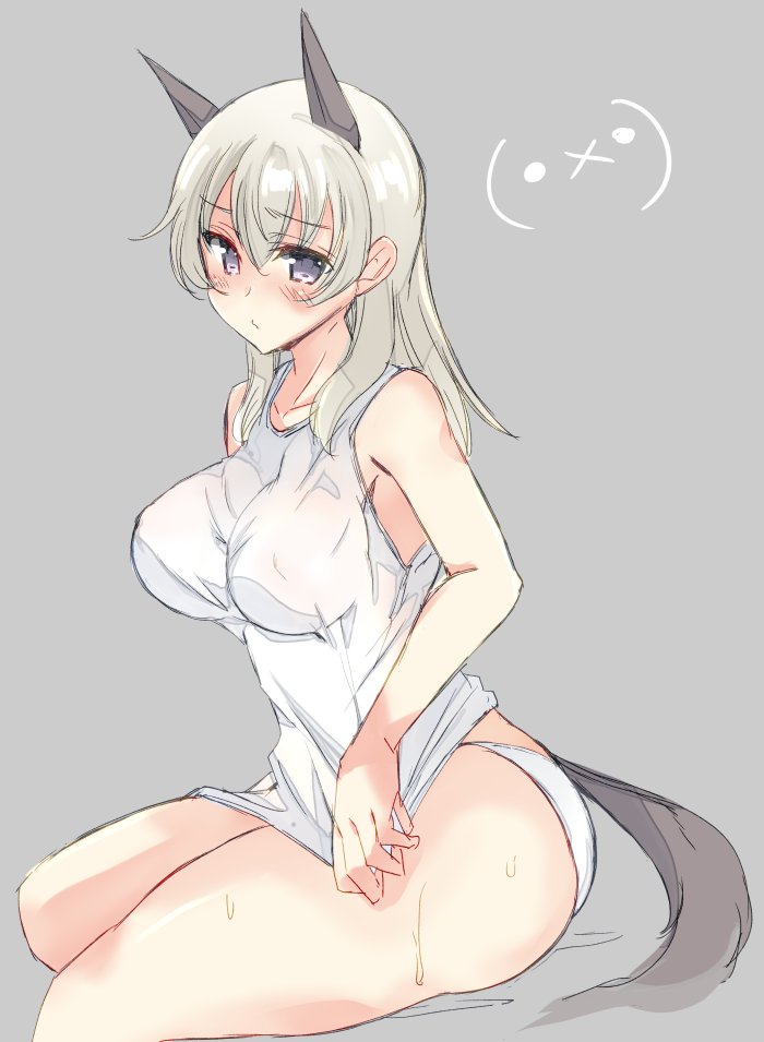 1girl abenattou animal_ears blue_eyes blush breasts closed_mouth commentary_request dog_ears dog_tail eila_ilmatar_juutilainen emoticon eyebrows_visible_through_hair frown large_breasts looking_at_viewer panties shirt shirt_tug silver_hair simple_background sitting solo strike_witches sweat tail tank_top thighs underwear underwear_only white_panties white_shirt world_witches_series