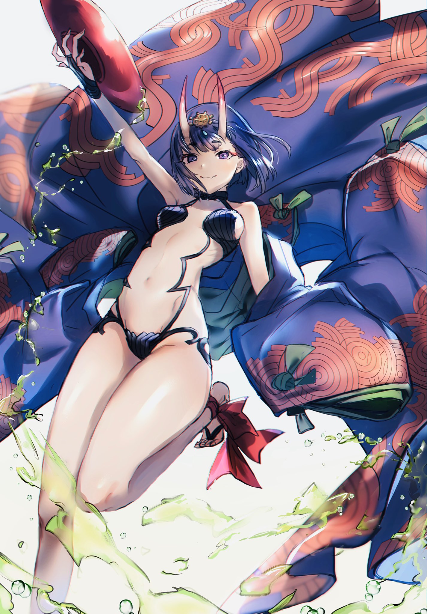 1girl akebono_kt alcohol arm_up bangs bare_shoulders barefoot_sandals blush bob_cut breasts bridal_gauntlets closed_mouth collarbone eyeliner fate/grand_order fate_(series) feet headpiece highres horns japanese_clothes kimono long_sleeves looking_at_viewer makeup navel oni oni_horns open_clothes open_kimono purple_hair purple_kimono revealing_clothes sake short_eyebrows short_hair shuten_douji_(fate/grand_order) simple_background small_breasts smile solo thighs violet_eyes white_background wide_sleeves