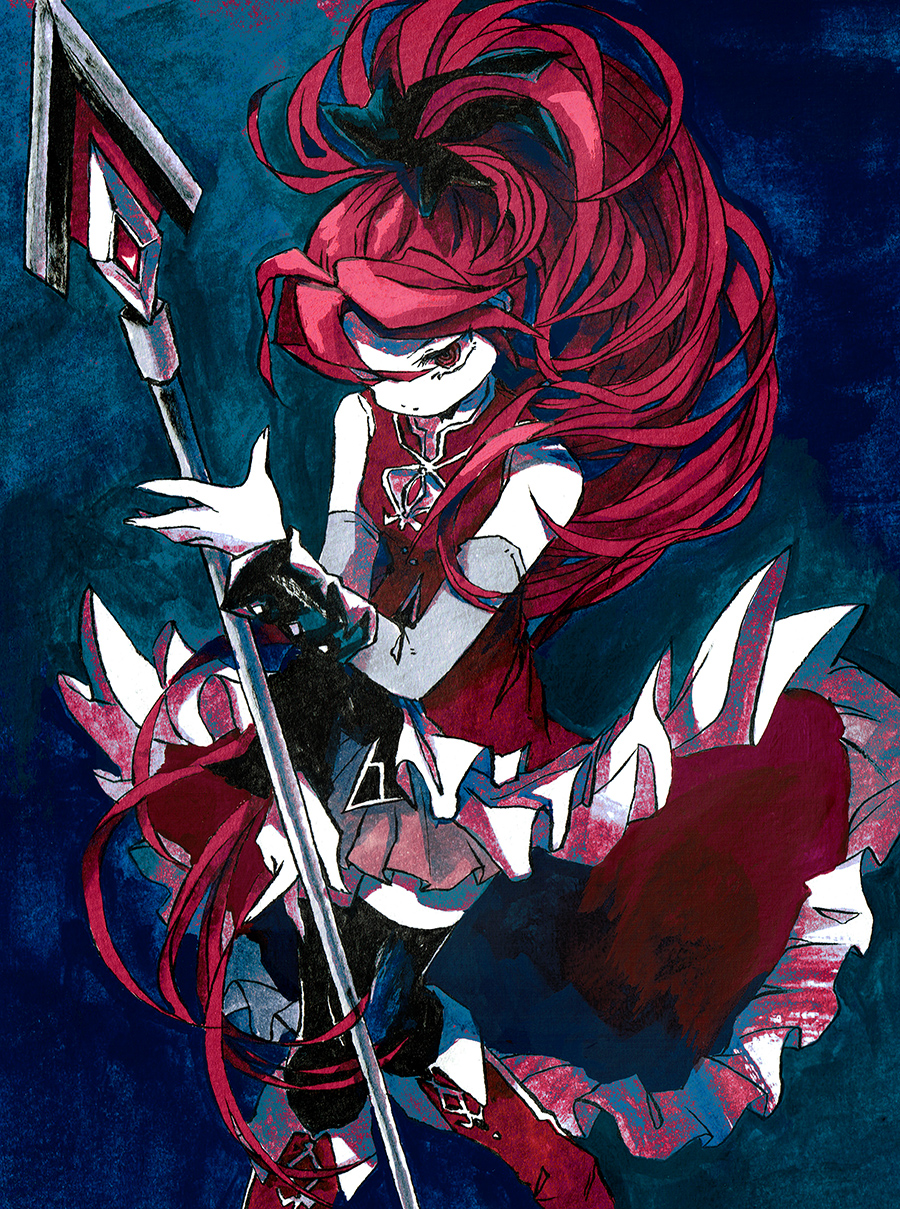 1girl black_bow black_legwear boots bow calligraphy_brush_(medium) detached_sleeves feet_out_of_frame frills hair_bow highres holding holding_spear holding_weapon long_hair magical_girl mahou_shoujo_madoka_magica northeast_mountain polearm ponytail red_eyes red_footwear redhead sakura_kyouko sleeveless solo spear thigh-highs very_long_hair weapon