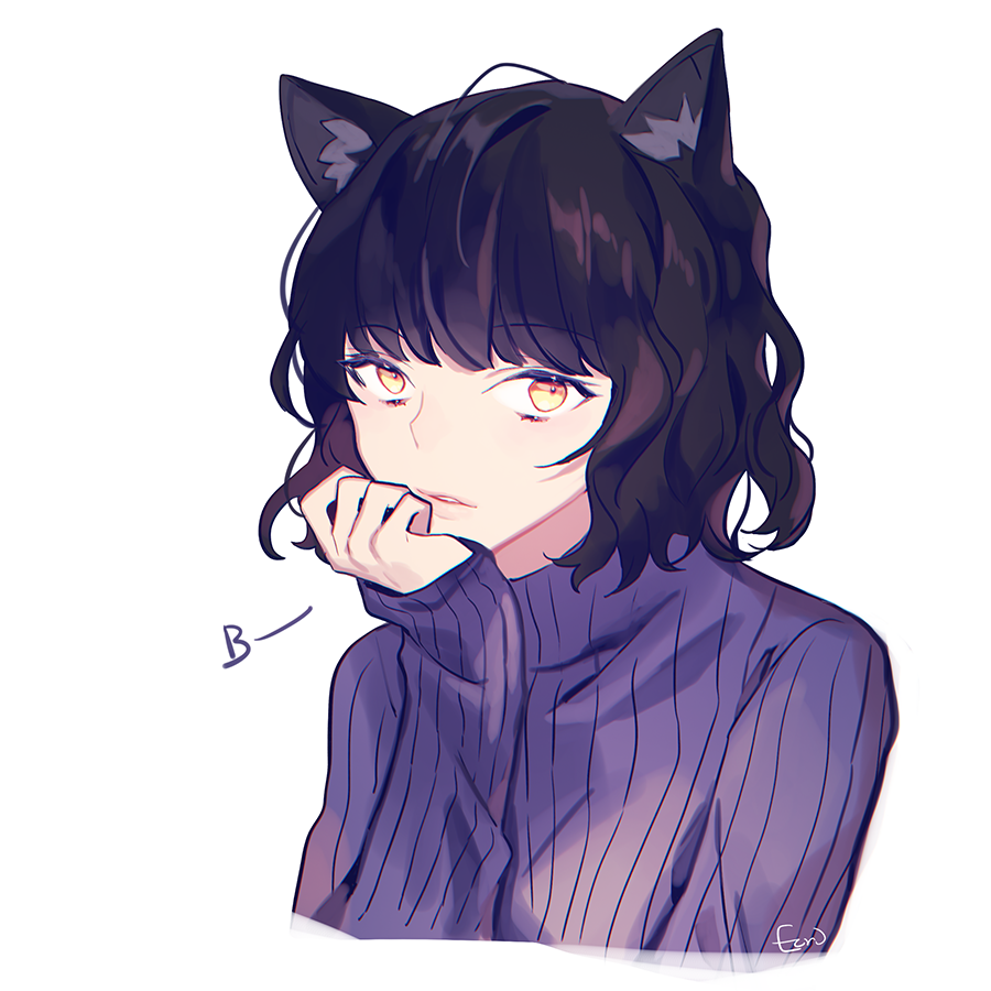 1girl animal_ears bangs black_hair blake_belladonna cat_ears cropped_torso ecru long_sleeves looking_at_viewer medium_hair parted_lips purple_sweater ribbed_sweater rwby shiny shiny_hair simple_background solo sweater upper_body white_background yellow_eyes