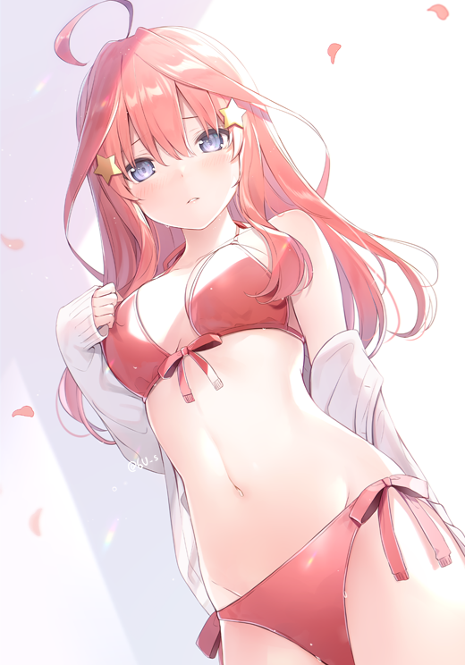 1girl 6u_(eternal_land) ahoge bare_shoulders bikini blue_eyes breasts commentary_request cowboy_shot front-tie_bikini front-tie_top go-toubun_no_hanayome groin hair_ornament halter_top halterneck long_hair looking_at_viewer medium_breasts nakano_itsuki navel off_shoulder open_clothes open_shirt parted_lips petals red_bikini redhead shirt side-tie_bikini solo star star_hair_ornament swimsuit white_shirt