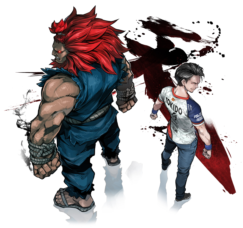 2boys back-to-back black_hair clenched_hands commentary_request dark_skin denim dougi fuse_ryuuta glowing glowing_eyes gouki heaven_(kanji) height_difference jeans jersey long_hair male_focus manly multiple_boys muscle pants pose real_life red_eyes redhead rope sandals shun_goku_satsu sleeveless sportswear street_fighter street_fighter_v tokido topknot wristband
