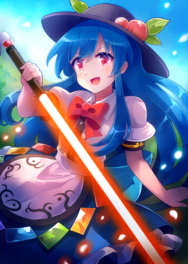 1girl 60mai :d bangs black_headwear blouse blue_hair blue_skirt blush bow bowtie commentary_request cowboy_shot eyebrows_visible_through_hair food fruit hand_up hat hinanawi_tenshi holding holding_sword holding_weapon leaf long_hair looking_at_viewer open_mouth peach petticoat puffy_short_sleeves puffy_sleeves red_bow red_eyes red_neckwear short_sleeves sidelocks skirt smile solo sword sword_of_hisou touhou weapon white_blouse