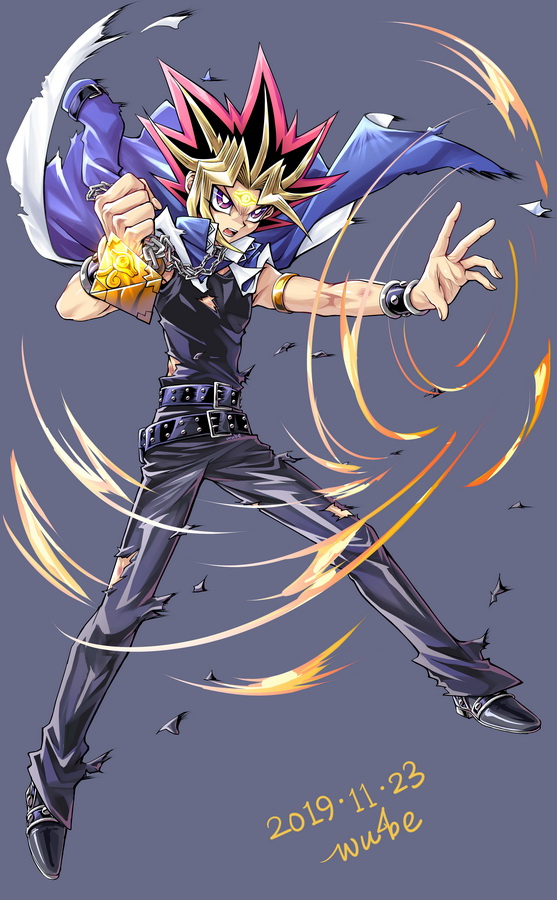 1boy 2019 armlet black_footwear black_pants black_shirt dated grey_background holding long_hair male_focus millennium_puzzle multicolored_hair mutou_yuugi pants shirt signature sleeveless sleeveless_shirt solo spiky_hair torn_clothes torn_pants torn_shirt wube yuu-gi-ou