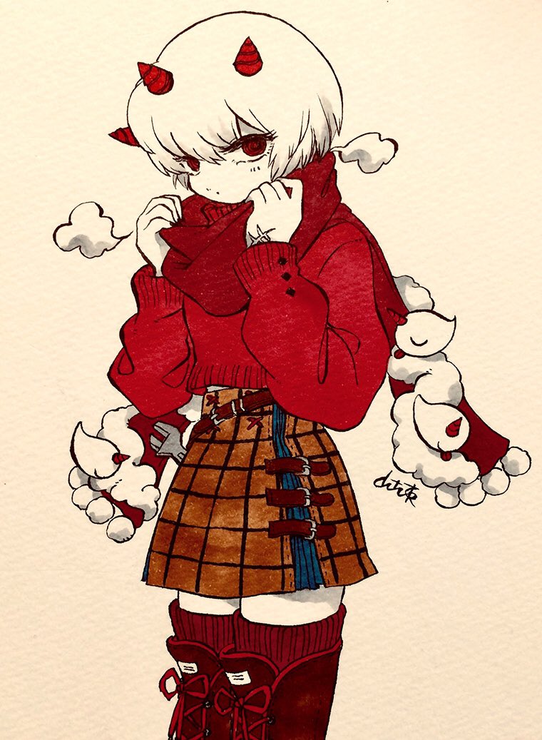 1girl bangs boots ghost horns long_sleeves looking_at_viewer mitsuno_(northeast_mountain) northeast_mountain oni_horns original red_eyes red_horns red_scarf red_sweater scarf short_hair skirt smoke solo sweater traditional_media white_hair wrench