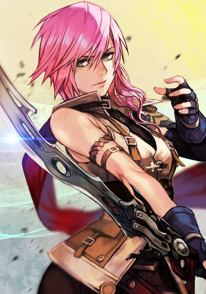 1girl armlet asymmetrical_clothes blurry cape depth_of_field elbow_gloves final_fantasy final_fantasy_xiii fingerless_gloves gloves gunblade hankuri holding_weapon lightning_farron looking_at_viewer medium_hair pink_hair serious shoulder_armor solo upper_body weapon