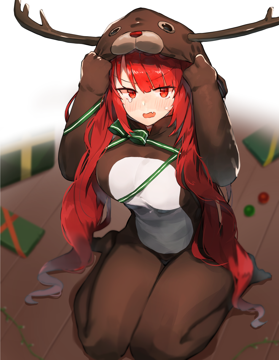 1girl animal_costume antlers azur_lane bangs blush box breasts commentary_request embarrassed eyebrows_visible_through_hair fake_antlers full_body gift gift_box hands_up highres honolulu_(azur_lane) hood hood_up kasuka_(kusuki) large_breasts long_hair looking_at_viewer nose_blush open_mouth red_eyes redhead reindeer_antlers reindeer_costume sitting solo tears twintails very_long_hair wariza
