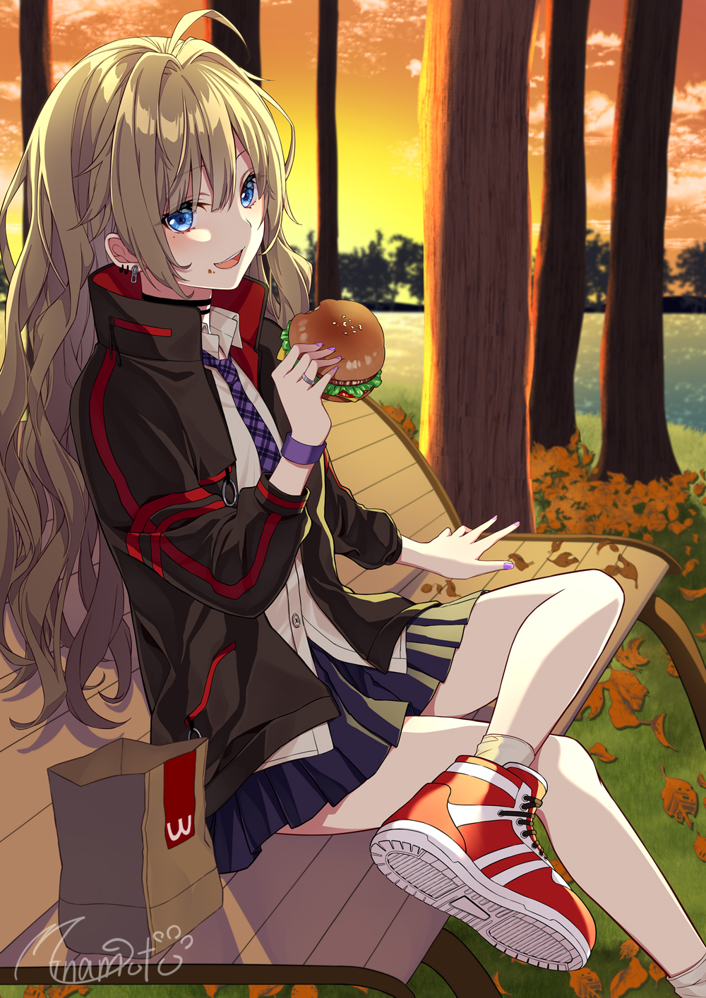 1girl :d ahoge autumn_leaves bag bangs bench black_jacket black_skirt blue_eyes brand_name_imitation brown_hair collared_shirt commentary_request ear_piercing eyebrows_visible_through_hair fast_food food food_on_face hair_between_eyes hair_intakes hamburger highres holding holding_food jacket long_hair mcdonald's minamoto_mamechichi nail_polish necktie on_bench open_clothes open_jacket open_mouth original outdoors paper_bag park_bench piercing plaid_neckwear pleated_skirt purple_nails purple_neckwear red_footwear school_uniform shirt shoe_soles shoes signature sitting_on_bench skirt sky smile sneakers socks solo sunset tree upper_teeth very_long_hair white_legwear white_shirt