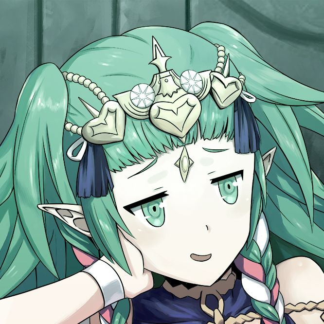 1girl bare_shoulders braid fire_emblem fire_emblem:_three_houses green_eyes green_hair hair_ornament hair_ribbon hand_on_head jewelry long_hair manakete open_mouth pointy_ears ribbon ribbon_braid side_braid smile smirk solo sothis_(fire_emblem) tiara twin_braids