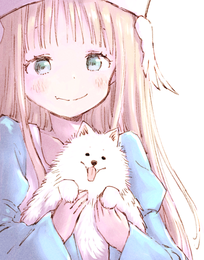 1girl animal backlighting bangs blue_eyes closed_mouth collarbone dog dot_nose fang fluffy hands_up hat holding holding_animal juliet_sleeves long_hair long_sleeves looking_at_viewer original pomeranian_(dog) puffy_sleeves simple_background skin_fang smile solo tareme upper_body white_background white_dog yoshinogai