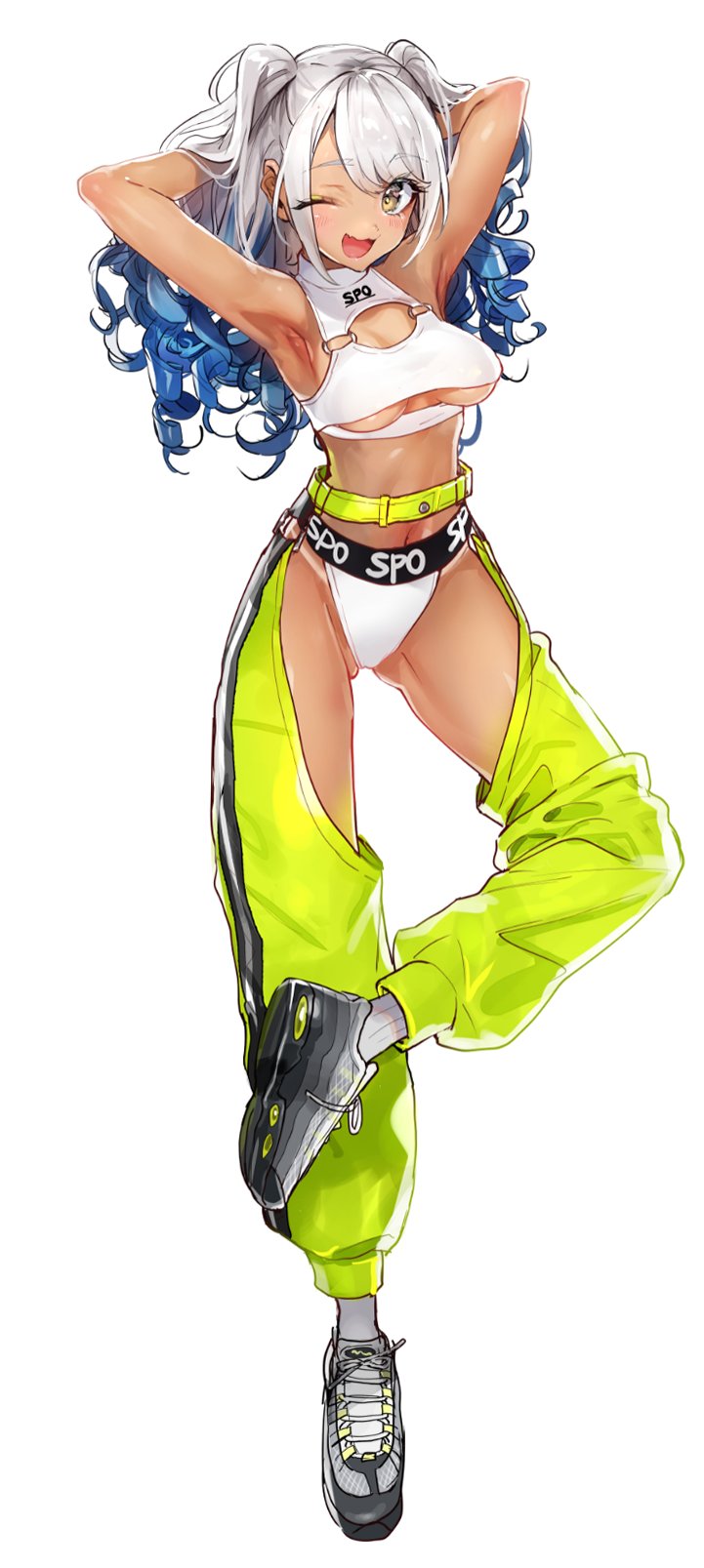 1girl ;d armpits arms_behind_head arms_up bare_shoulders belt blue_hair breasts brown_eyes crop_top crotchless crotchless_pants full_body green_pants hands_in_hair highres leg_up long_hair looking_at_viewer medium_breasts midriff multicolored_hair nekometaru one_eye_closed open_mouth original panties pants shoes sidelocks silver_hair simple_background sleeveless smile sneakers socks solo standing standing_on_one_leg tan tanline thighs two-tone_hair under_boob underwear white_background white_panties