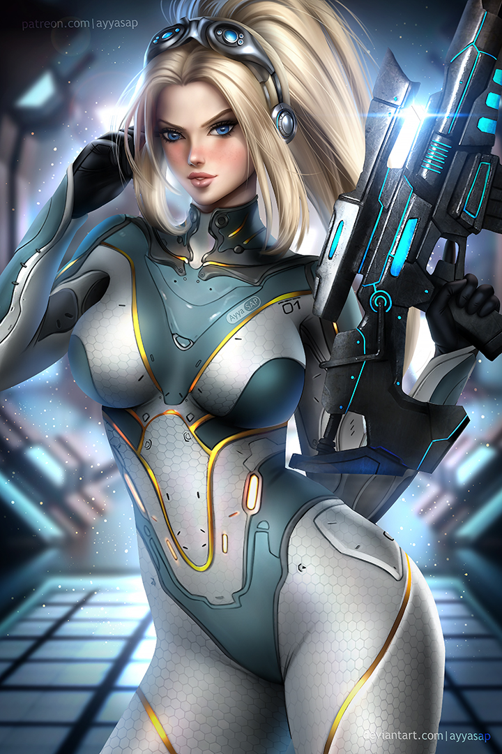 1girl artist_logo artist_name ayya_saparniyazova backlighting black_gloves blonde_hair blue_eyes bodysuit breasts contrapposto cowboy_shot forehead gloves goggles goggles_on_head gun holding holding_gun holding_weapon honeycomb_(pattern) large_breasts lens_flare long_hair looking_at_viewer nova_(starcraft) parted_lips ponytail rifle sidelocks skin_tight sniper_rifle solo starcraft v-shaped_eyebrows visor weapon white_bodysuit