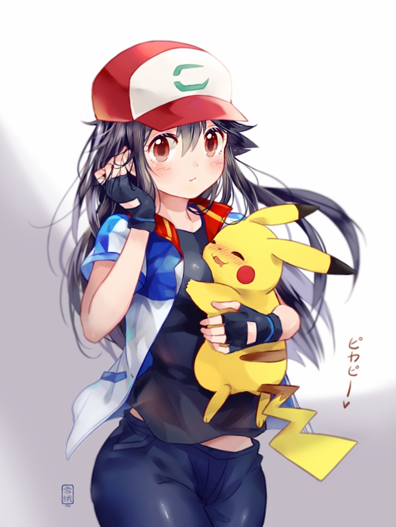 baseball_cap between_breasts black_hair black_shirt blue_pants blush blush_stickers breasts brown_eyes closed_mouth clothes collarbone commentary_request drooling fingerless_gloves gen_1_pokemon genderswap genderswap_(mtf) gloves hat jacket long_hair looking_at_viewer multicolored multicolored_clothes multicolored_jacket open_clothes open_jacket pants pikachu pokemon pokemon_(anime) pokemon_(creature) pokemon_m21 red_headwear satoshi_(pokemon) shirt short_sleeves simple_background translated xue_ezi