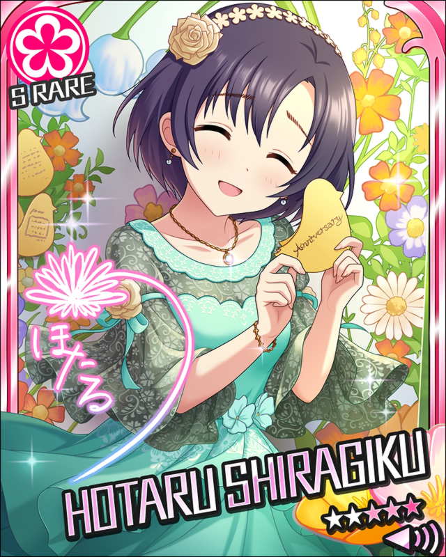 black_hair blush character_name closed_eyes idolmaster idolmaster_cinderella_girls shiragiku_hotaru shirt short_hair smile stars