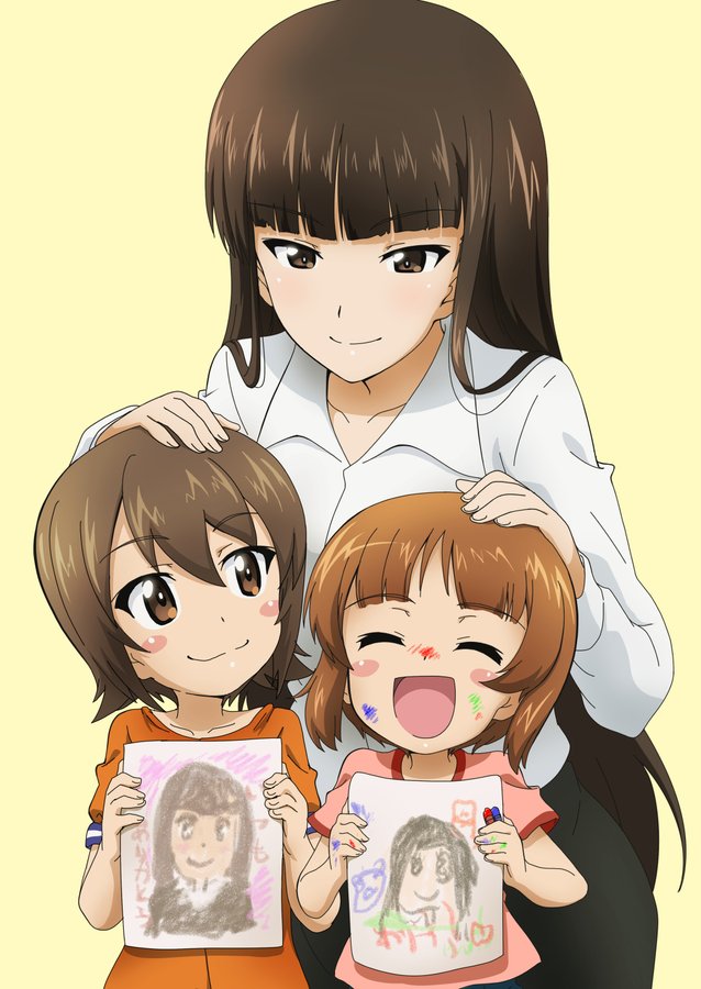 3girls :d ^_^ age_difference bangs black_hair blunt_bangs blush_stickers brown_hair child_drawing closed_eyes collarbone collared_shirt crayon drawing eyebrows_visible_through_hair girls_und_panzer hair_between_eyes hand_on_another's_head height_difference kanau long_hair long_sleeves mother_and_daughter multiple_girls nishizumi_maho nishizumi_miho nishizumi_shiho open_mouth shiny shiny_hair shirt short_hair short_sleeves siblings sisters smile white_shirt yellow_background younger