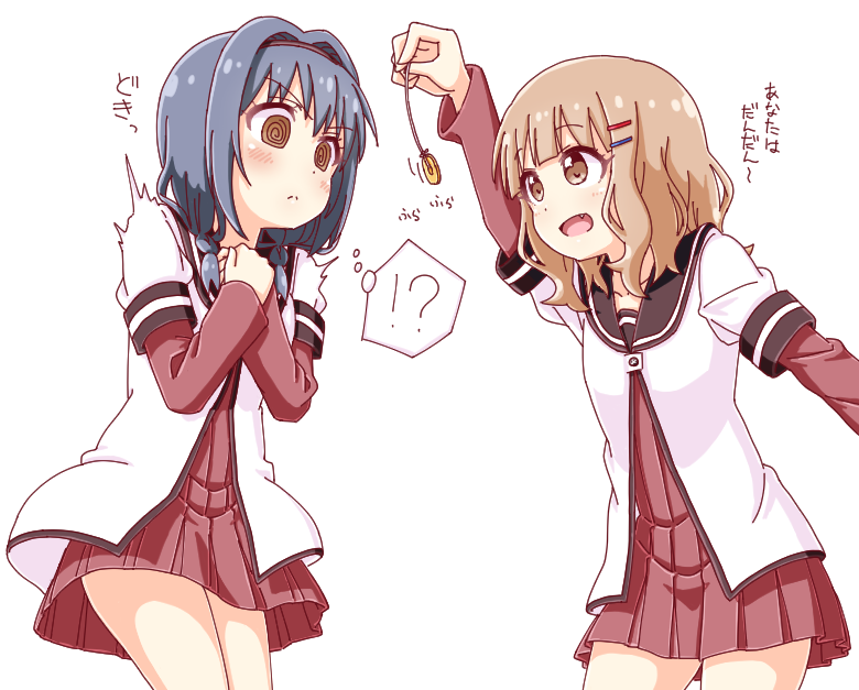 !? 2girls :d bangs blonde_hair blue_hair braid brown_eyes coin collarbone eyebrows_visible_through_hair fang furutani_himawari hair_intakes hair_ornament hairband hairclip hypnosis long_sleeves mind_control multiple_girls nanamori_school_uniform oomuro_sakurako open_mouth pontasu school_uniform serafuku short_over_long_sleeves short_sleeves simple_background smile string thighs thought_bubble translated twin_braids white_background worried yuru_yuri