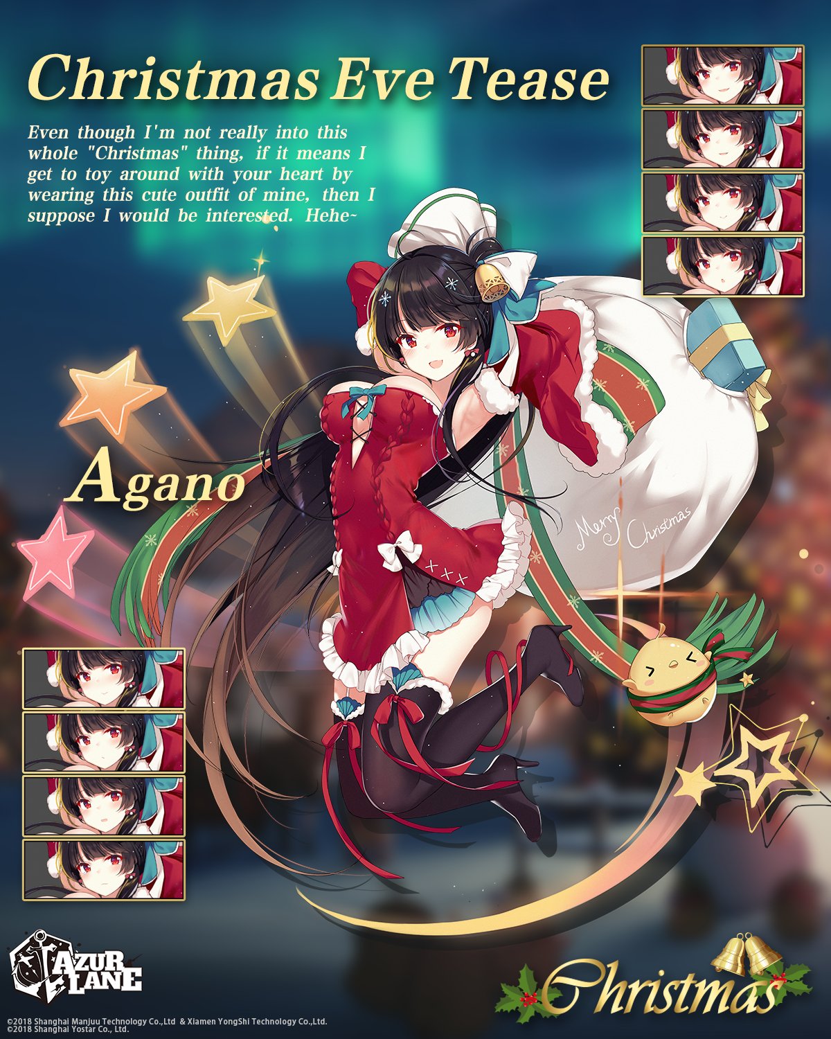 1girl :d agano_(azur_lane) agano_(christmas_eve_tease)_(azur_lane) arched_back armpits arms_behind_head arms_up azur_lane bag bangs bell black_footwear black_hair blush boots box breasts brown_hair commentary detached_sleeves dress earrings expressions frilled_dress frills full_body fur_trim gift gift_box gradient_hair hair_ornament hecha_(swy1996228) high_heel_boots high_heels highres holding holding_sack jewelry large_breasts legs_up long_hair long_sleeves manjuu_(azur_lane) multicolored_hair official_art open_mouth red_dress red_eyes sack santa_costume santa_dress smile snowflake_hair_ornament star thigh-highs thigh_boots very_long_hair wide_sleeves zettai_ryouiki