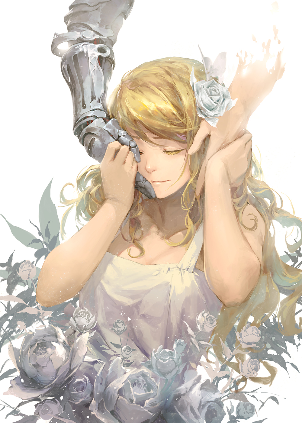 1girl automail baraba_baba blonde_hair collarbone colored_eyelashes edward_elric flower fullmetal_alchemist hair_down hair_flower hair_ornament hands_on_another's_face highres holding_hands light_smile long_hair mechanical_arm one_eye_covered out_of_frame sleeveless solo_focus upper_body white_background white_flower winry_rockbell