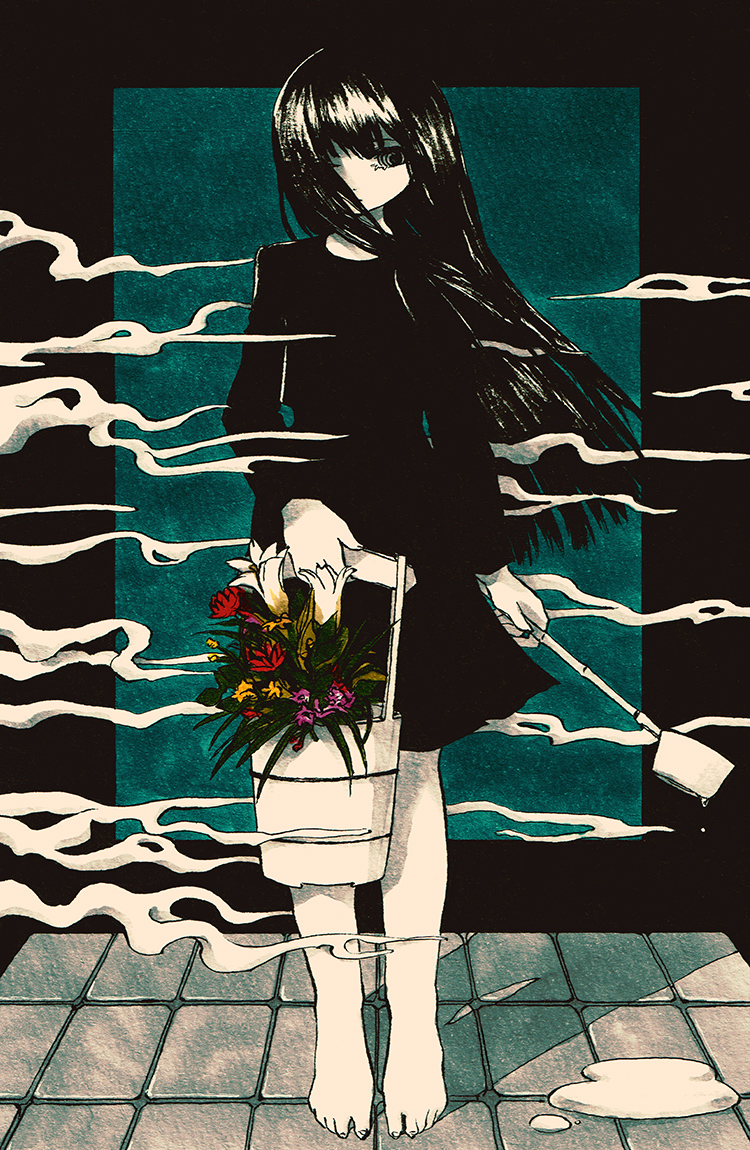 1girl bangs barefoot black_dress black_eyes black_hair bucket calligraphy_brush_(medium) dress flower funeral_dress hair_over_one_eye holding holding_bucket long_hair long_sleeves northeast_mountain original purple_flower red_flower shadow smoke solo white_flower yellow_flower