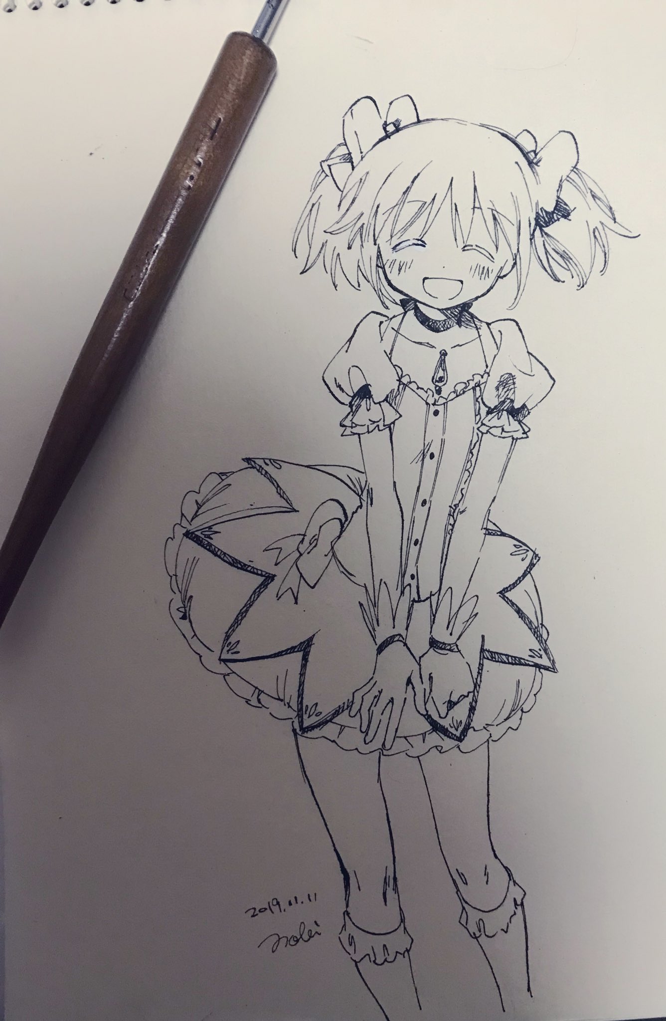 1girl 2019 :d ^_^ bare_legs blush breasts bubble_skirt choker closed_eyes collarbone colored_eyelashes dated dot_nose eyebrows_visible_through_hair feet_out_of_frame frilled_skirt frills gloves hair_ribbon happy highres ink kaname_madoka legs_apart mahou_shoujo_madoka_magica monochrome nib_pen_(medium) no+bi= notebook open_mouth photo puffy_short_sleeves puffy_sleeves ribbon short_hair short_sleeves sidelocks signature skirt small_breasts smile socks solo soul_gem standing traditional_media twintails v_arms