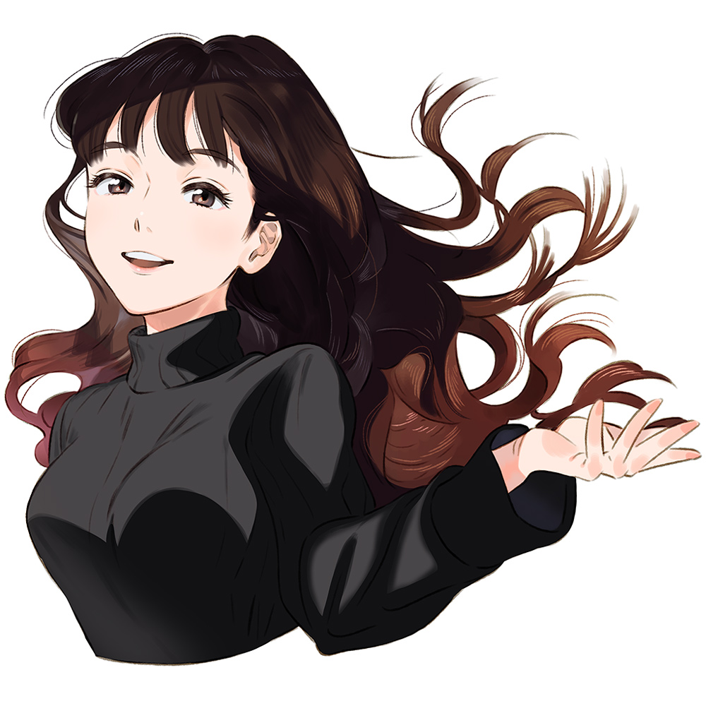 1girl bangs black_sweater breasts brown_eyes brown_hair cropped_torso floating_hair long_hair long_sleeves looking_at_viewer original outstretched_hand ribbed_sweater simple_background smile solo sweater turtleneck turtleneck_sweater umishima_senbon wavy_hair white_background