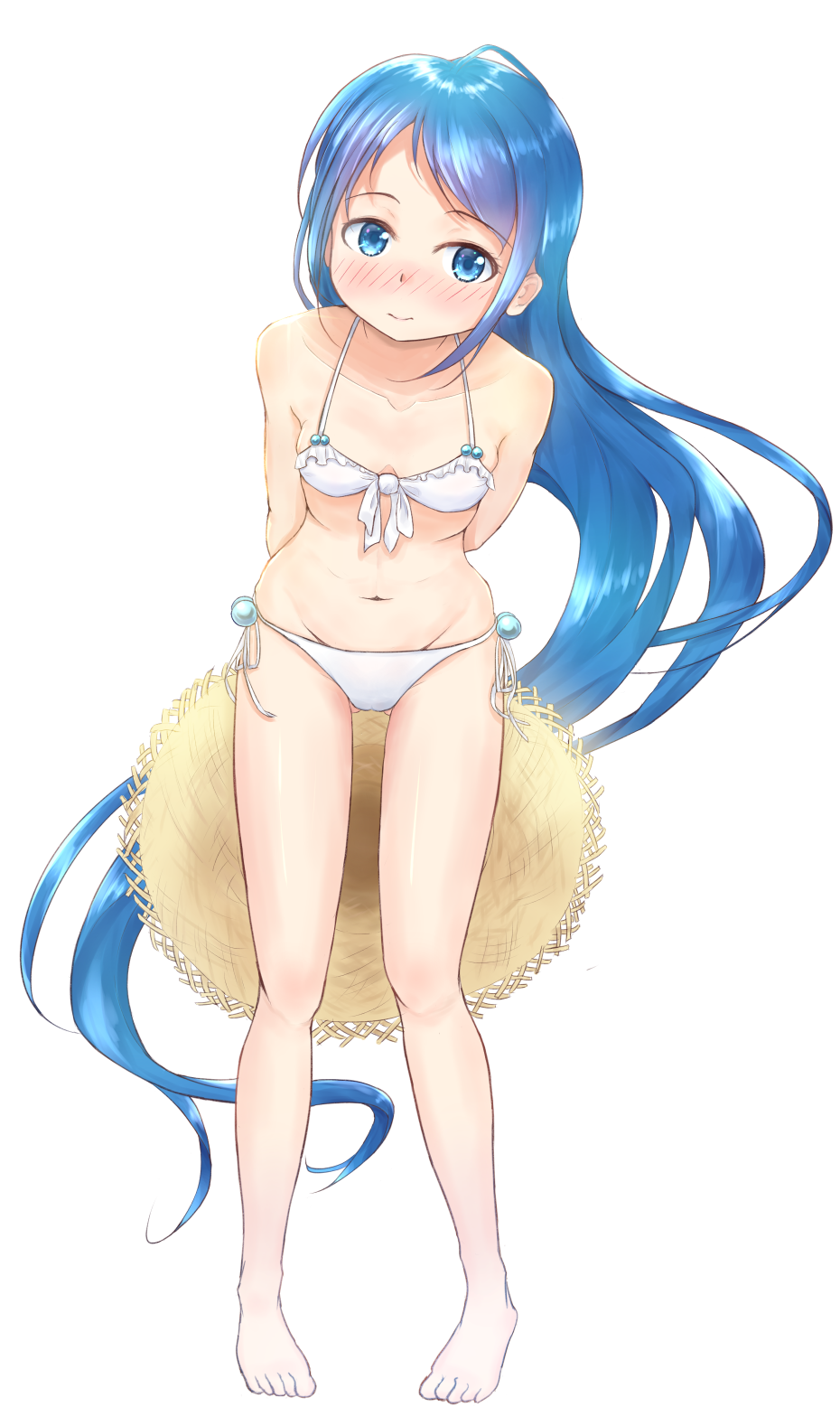 1girl aomi_one arms_behind_back bangs bikini blue_eyes blue_hair blush breasts collarbone commentary_request eyebrows_visible_through_hair hat highres kantai_collection long_hair looking_at_viewer samidare_(kantai_collection) side-tie_bikini sidelocks simple_background small_breasts solo straw_hat swept_bangs swimsuit very_long_hair white_background white_bikini