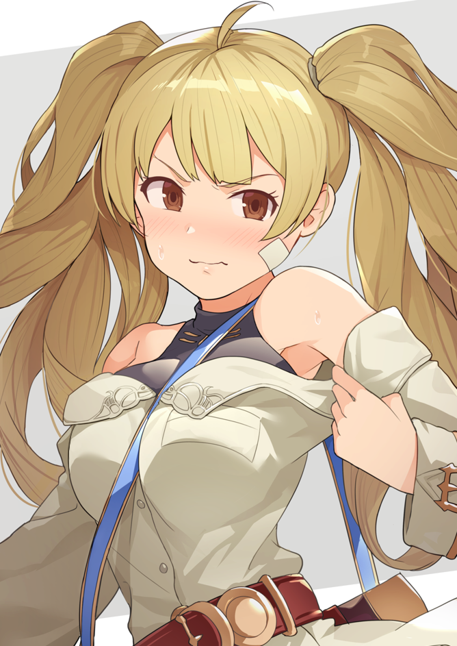 1girl ahoge armpits bandaid_on_cheek bangs bare_shoulders belt belt_buckle between_breasts blonde_hair blush breasts brown_belt brown_eyes buckle buttons closed_mouth commentary_request embarrassed eyebrows_visible_through_hair granblue_fantasy hinami_(hinatamizu) long_hair long_sleeves looking_at_viewer medium_breasts monica_weisswind off-shoulder_shirt off_shoulder shiny shiny_hair shirt simple_background solo strap_between_breasts sweat sweatdrop twintails upper_body v-shaped_eyebrows white_background