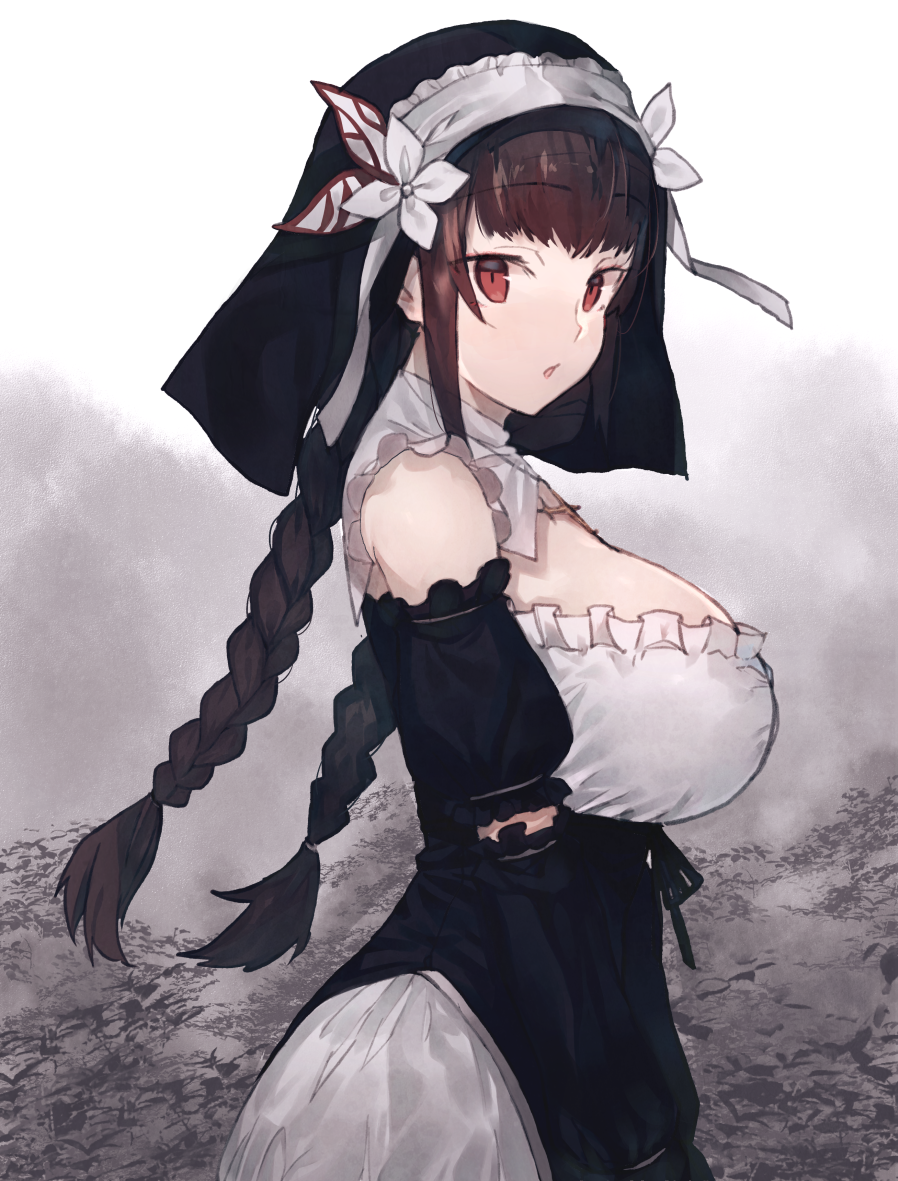1girl bangs black_dress bow braid breasts brown_hair collarbone commentary_request detached_sleeves dress eyebrows_visible_through_hair frills habit hair_ornament hair_tie kasuka_(kusuki) large_breasts lavien_(sinisister) long_hair looking_at_viewer nun open_mouth red_eyes sidelocks simple_background sinisister solo standing twin_braids upper_body