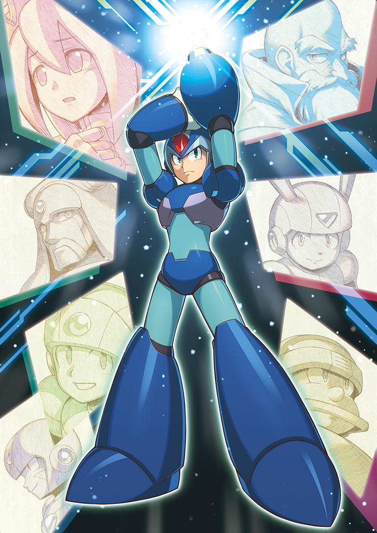 1girl 6+boys android arm_cannon arm_up bald beard capcom commentary_request degarashi_(ponkotsu) double_(rockman_x4) dr._cain facial_hair full_body green_eyes helmet iris_(rockman_x) isoc middy multiple_boys mustache rockman rockman_x rockman_x4 rockman_x6 rockman_x:_cyber_mission solo_focus standing techno weapon