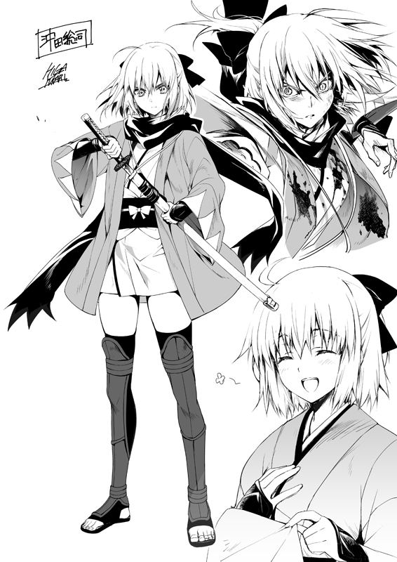 1girl ahoge blood bloody_clothes character_name fate/grand_order fate_(series) haori higa_yukari japanese_clothes katana koha-ace monochrome okita_souji_(fate) okita_souji_(fate)_(all) scarf sheath sword thigh-highs toeless_legwear unsheathing weapon