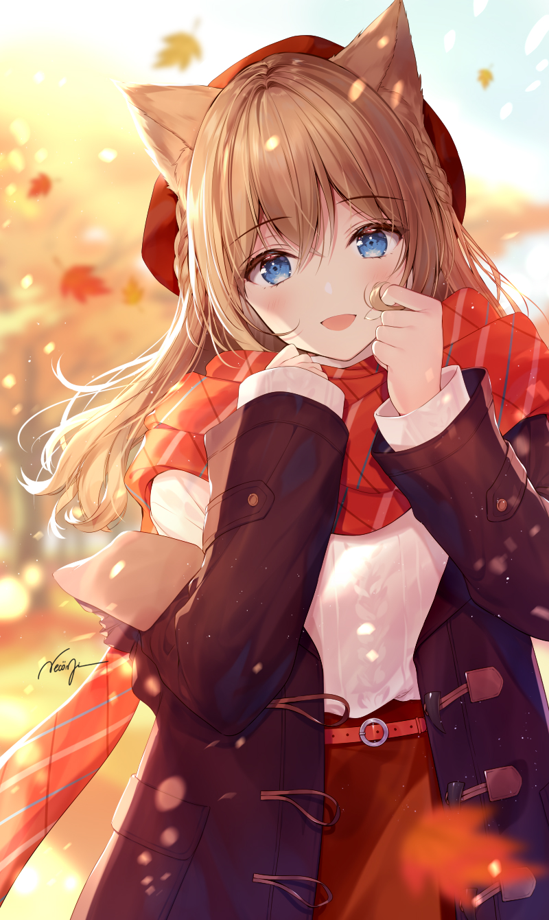 1girl :d animal_ear_fluff animal_ears autumn autumn_leaves bangs belt belt_buckle black_coat blue_eyes blurry blurry_background blush braid brown_hair buckle cat_ears cat_girl coat commentary_request day depth_of_field duffel_coat eyebrows_visible_through_hair falling_leaves hair_twirling hands_up highres leaf light_particles long_hair long_sleeves looking_at_viewer maple_leaf necomi off_shoulder open_clothes open_coat open_mouth original outdoors plaid plaid_scarf red_scarf scarf signature sleeves_past_wrists smile solo sweater upper_body white_sweater