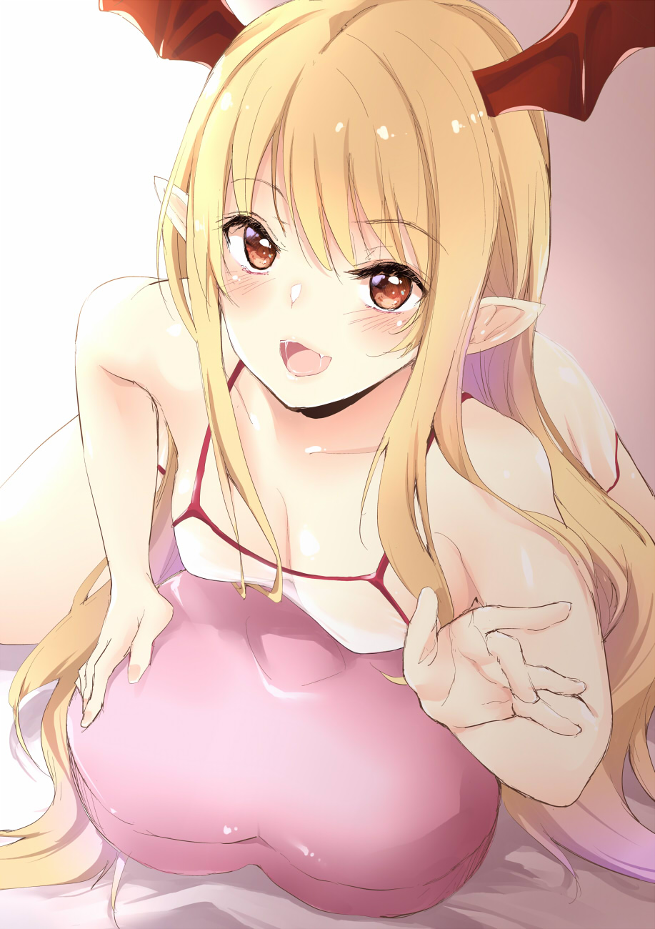 1girl all_fours amasora_taichi bangs bat_wings bed_sheet blonde_hair breasts camisole commentary_request eyebrows_visible_through_hair fang granblue_fantasy head_wings heart heart_pillow highres long_hair looking_at_viewer lying medium_breasts on_bed on_stomach open_mouth partial_commentary pillow pointy_ears red_wings saliva shadowverse shirt smile solo vampy white_shirt wings