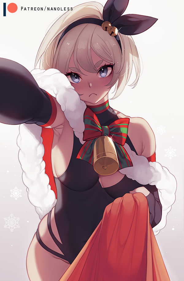 1girl backlighting bangs bell black_gloves black_leotard blush bow breasts capelet choker cleavage_cutout closed_mouth dark_skin elbow_gloves fingerless_gloves frown fur-trimmed_capelet fur_trim gloves gradient gradient_background grey_eyes grey_hair gym_leader hair_between_eyes hairband jingle_bell leotard looking_at_viewer medium_breasts nanoless pokemon pokemon_(game) pokemon_swsh red_capelet saitou_(pokemon) snowflakes solo