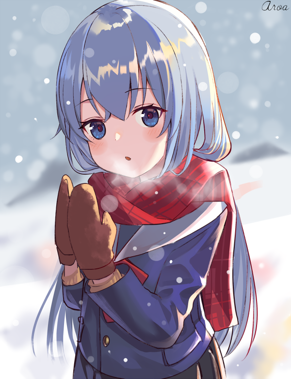1girl alternate_costume blue_eyes blue_jacket blush eyebrows_visible_through_hair hair_between_eyes hibiki_(kantai_collection) jacket kantai_collection long_hair looking_at_viewer mittens moyasi3409854 open_mouth pleated_skirt red_scarf scarf silver_hair skirt snowing solo winter_clothes