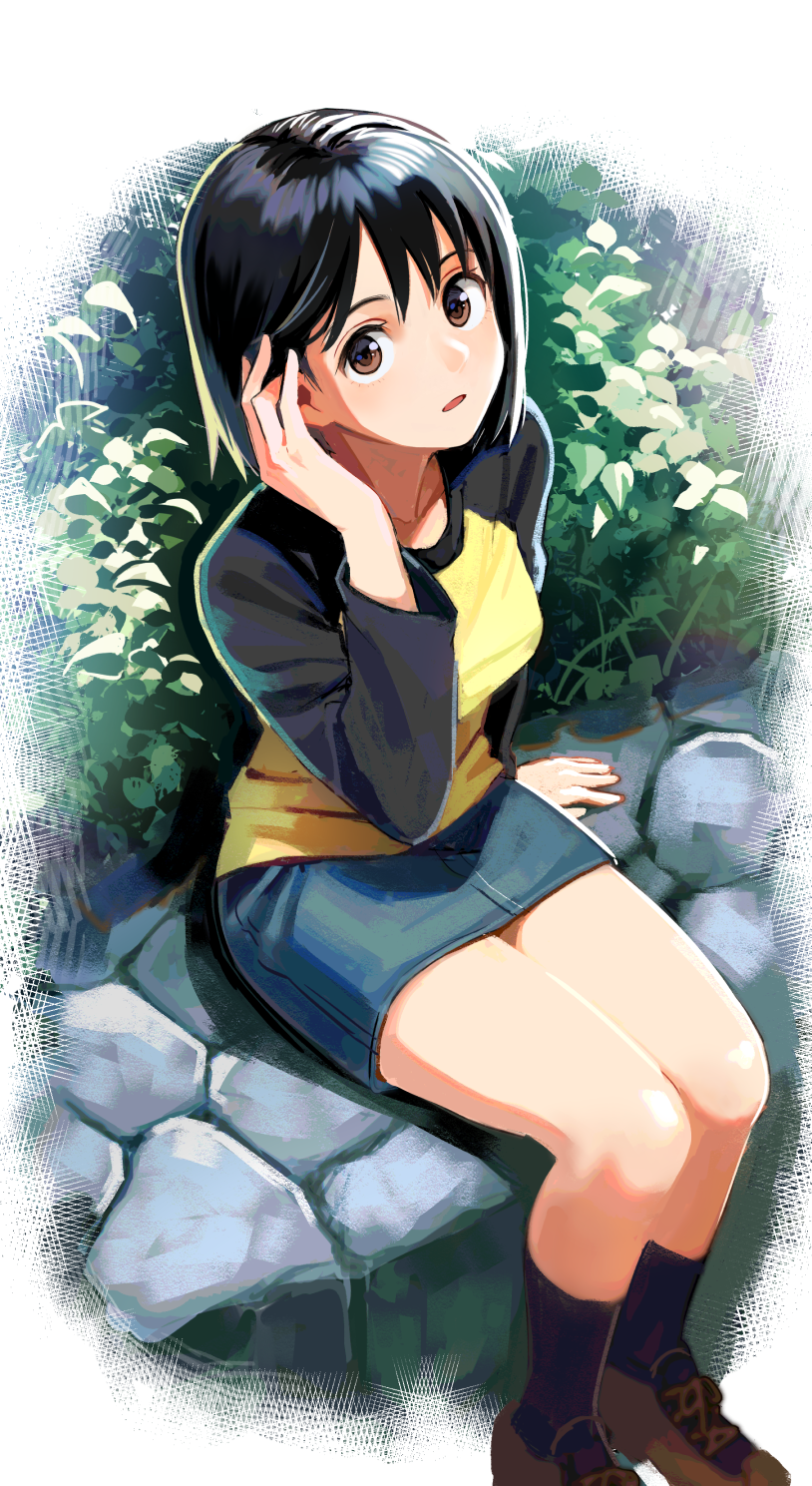 1girl adjusting_hair black_hair bob_cut brown_eyes commentary denim denim_skirt eyebrows_visible_through_hair full_body hair_between_eyes highres long_sleeves looking_at_viewer nakahara_misaki nashigaya_koyomi nhk_ni_youkoso! open_mouth outdoors raglan_sleeves shoes short_hair sitting sitting_on_wall skirt socks solo stone_wall wall