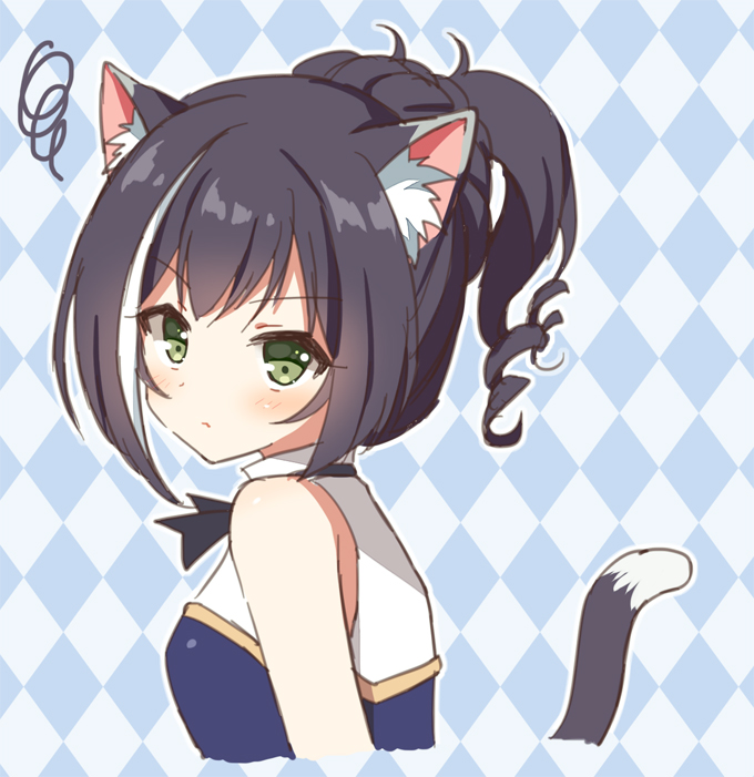 1girl alternate_hairstyle animal_ear_fluff animal_ears argyle argyle_background bangs bare_shoulders black_hair blue_background blush cat_ears cat_girl cat_tail closed_mouth commentary_request cropped_torso eyebrows_visible_through_hair green_eyes korean_commentary kyaru_(princess_connect) looking_at_viewer looking_to_the_side mauve multicolored_hair ponytail princess_connect! princess_connect!_re:dive ribbon shirt sidelocks sleeveless sleeveless_shirt solo squiggle streaked_hair tail tail_ribbon upper_body v-shaped_eyebrows white_hair white_shirt