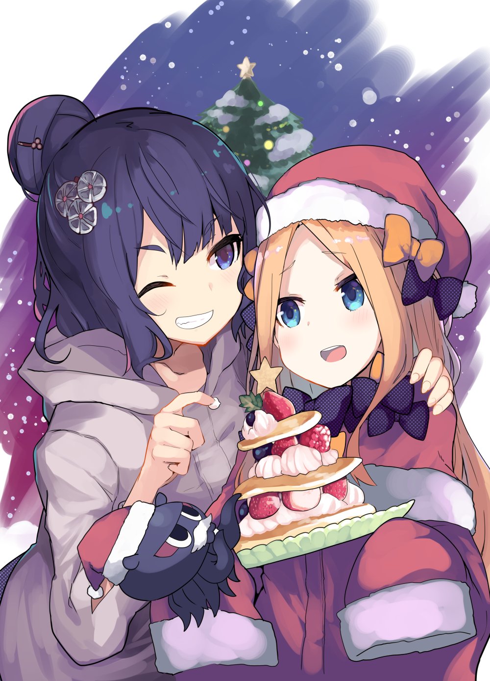 2girls :d abigail_williams_(fate/grand_order) animal bangs black_bow black_hair blue_eyes bow commentary_request dress fate/grand_order fate_(series) food fur-trimmed_hat fur-trimmed_sleeves fur_trim grey_jacket grin hair_bow hair_bun hair_ornament hand_on_another's_shoulder hat highres hood hood_down hooded_jacket jacket katsushika_hokusai_(fate/grand_order) long_sleeves multiple_girls nanateru octopus one_eye_closed open_mouth orange_bow parted_bangs polka_dot polka_dot_bow red_dress red_headwear santa_costume santa_hat sleeves_past_fingers sleeves_past_wrists smile tokitarou_(fate/grand_order) upper_teeth