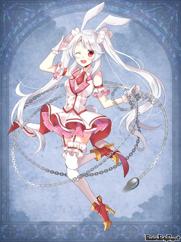 1girl ;d animal_ears ball_and_chain blue_background boots bow breasts chain copyright_name dress full_body garter_straps gloves hand_up high_heel_boots high_heels medium_breasts nekozuki_yuki official_art one_eye_closed open_mouth pandora_party_project pink_skirt plaid rabbit_ears red_footwear red_neckwear sidelocks simple_background skirt smile solo thigh-highs twintails white_bow white_dress white_gloves white_hair white_legwear