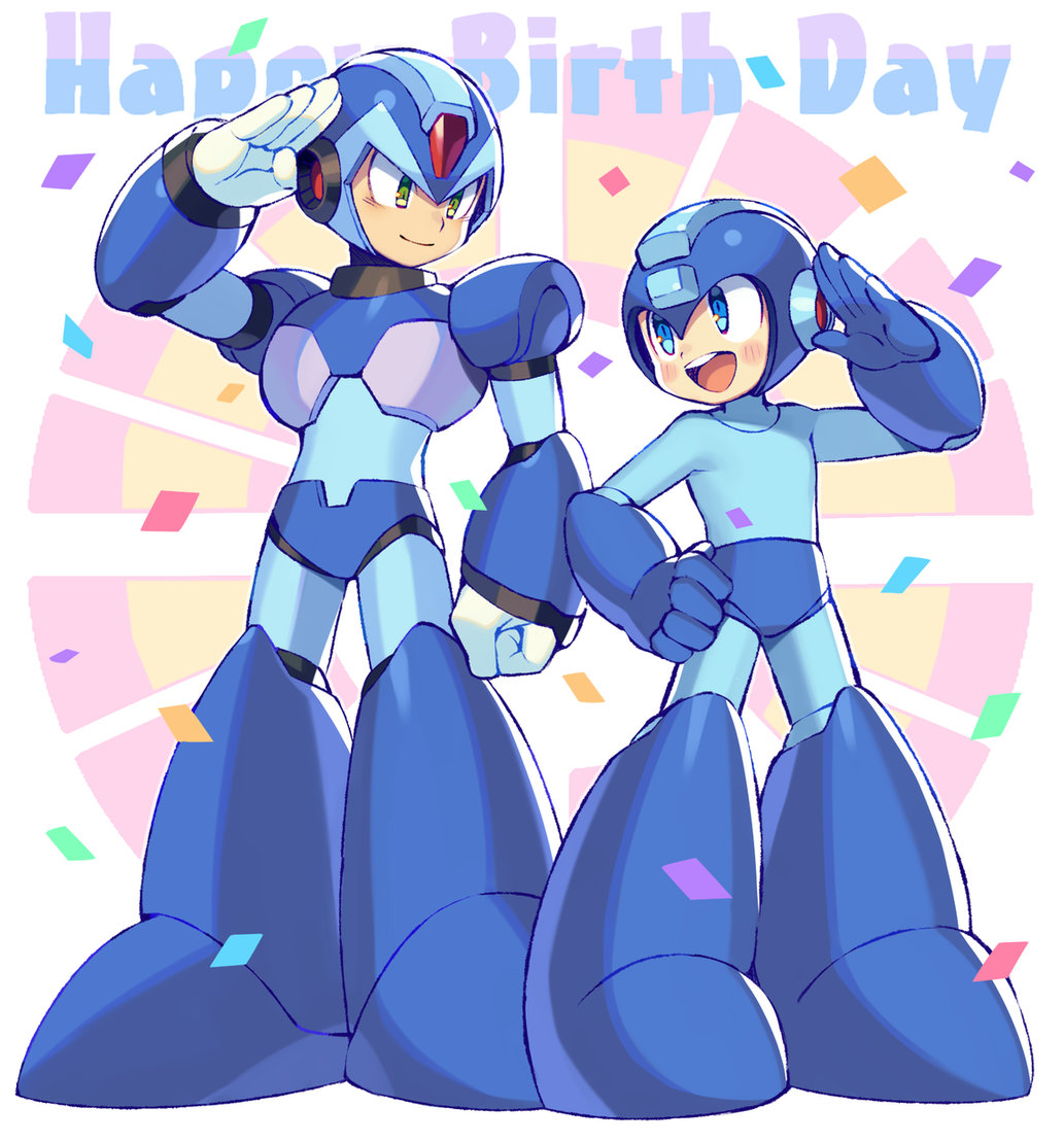 2boys android anniversary blush capcom commentary_request confetti full_body green_eyes hand_on_hip happy_birthday helmet iroyopon looking_at_another male_focus multiple_boys open_mouth rockman rockman_(character) rockman_(classic) rockman_x salute smile standing x_(rockman)